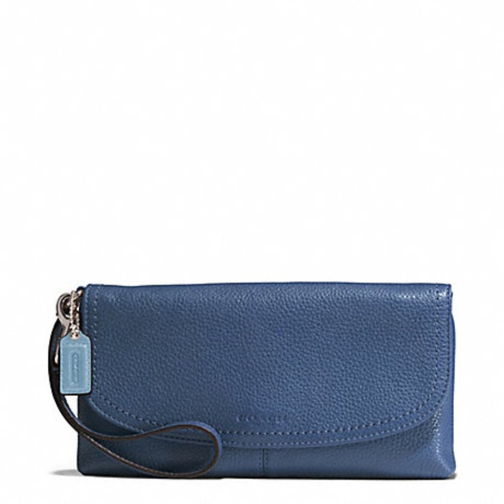 NWT Denim Authentic Coach Park leather large flap wristlet